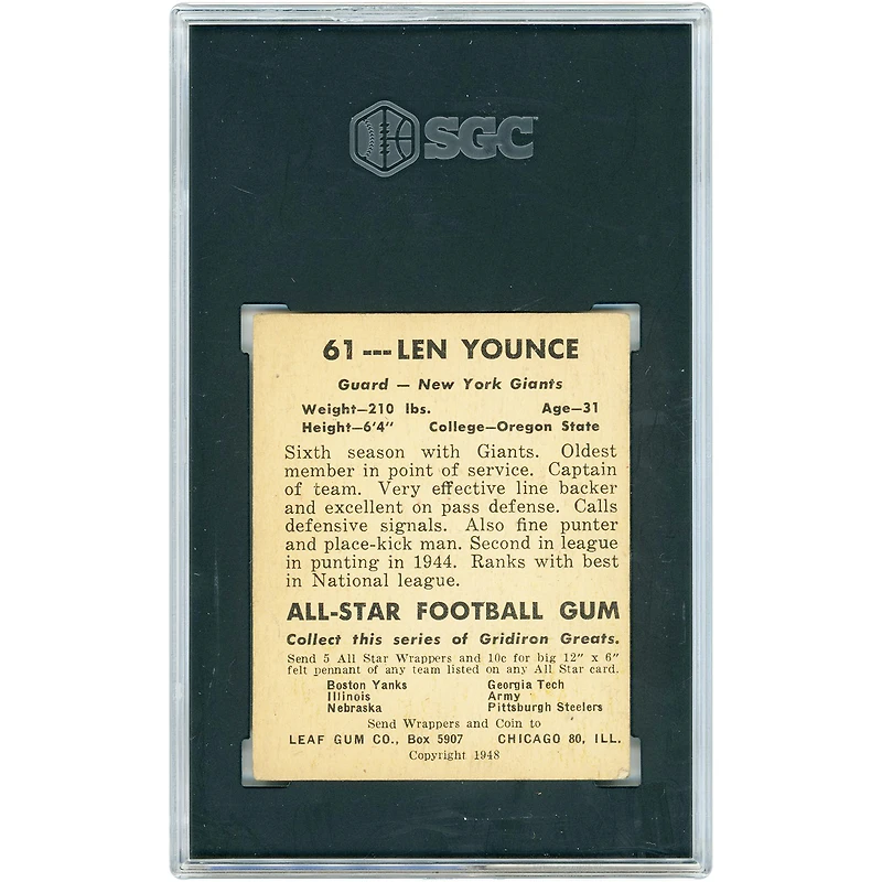 Len Younce New York Giants 1948 Leaf Gum Co. #61 SGC Authenticated 4 Rookie Card