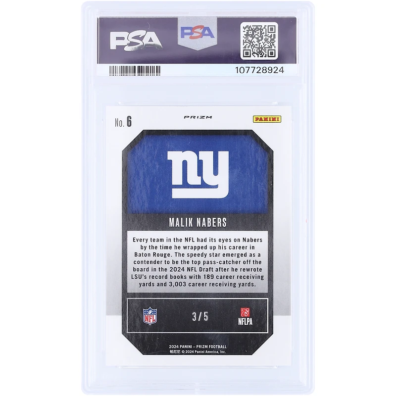 Carte de recrue Malik Nabers New York Giants 2024 Panini Prizm Emergent Gold Vinyl Prizm n° 6, n° 3/5, authentifiée PSA 10