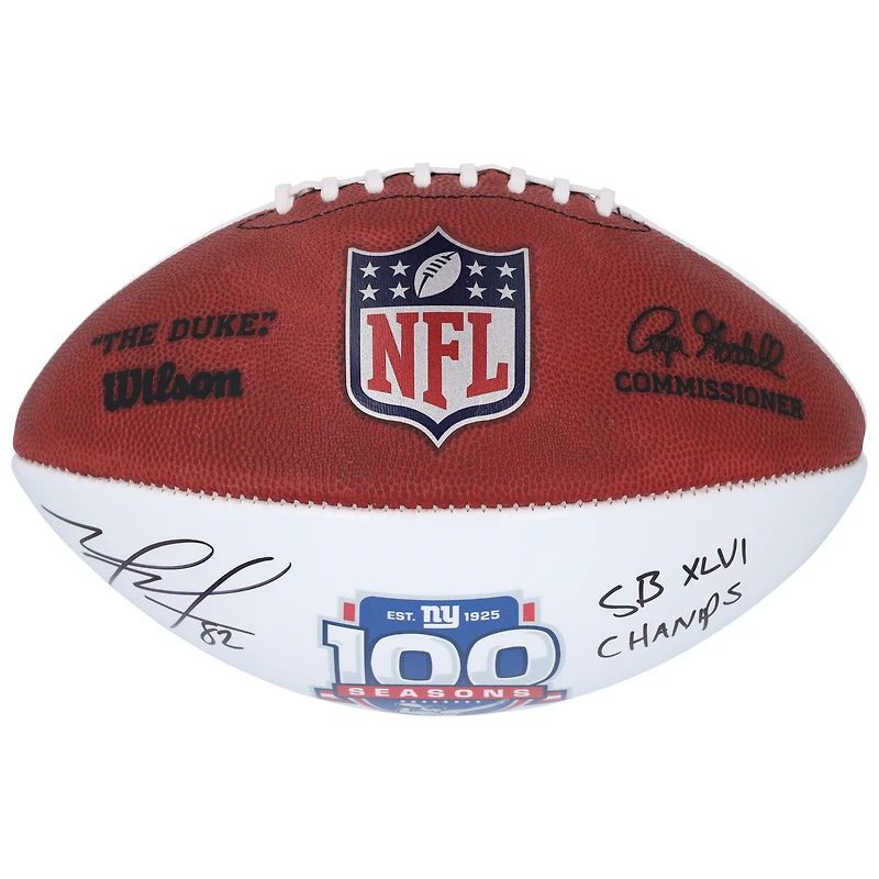 V106832 Giants Mario Manningham New York Giants Ballon de football Wilson White Panel autographié pour la 100e saison avec inscription « SB XLVI Champs » Mario Manningham AUT FOOTBALL-WHITE PANEL 45824 AUTBALFTB FTBLMA0330 #6
