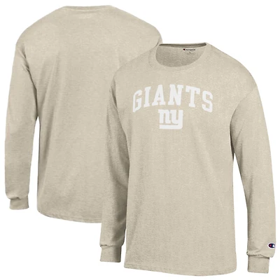 T-shirt à manches longues Champion Heather Oatmeal New York Giants pour homme, imprimé encre blanche
