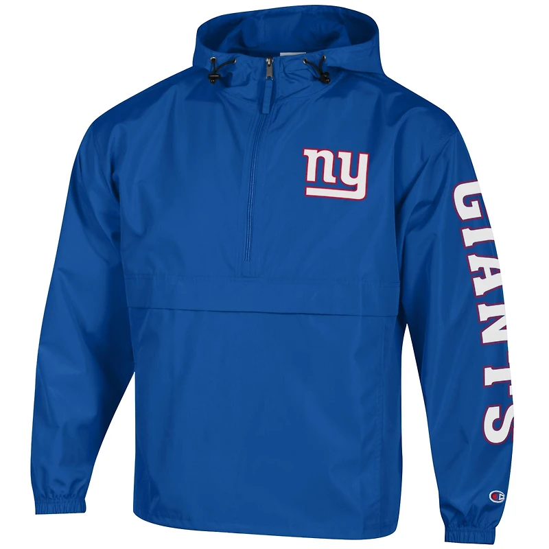 Men's Champion Royal New York Giants Packable Hooded Windbreaker Half-Zip Jacket