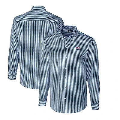 Chemise boutonnée à manches longues et col vichy extensible facile d'entretien pour homme, bleu marine, avec logo rétro des New York Giants, Cutter & Buck