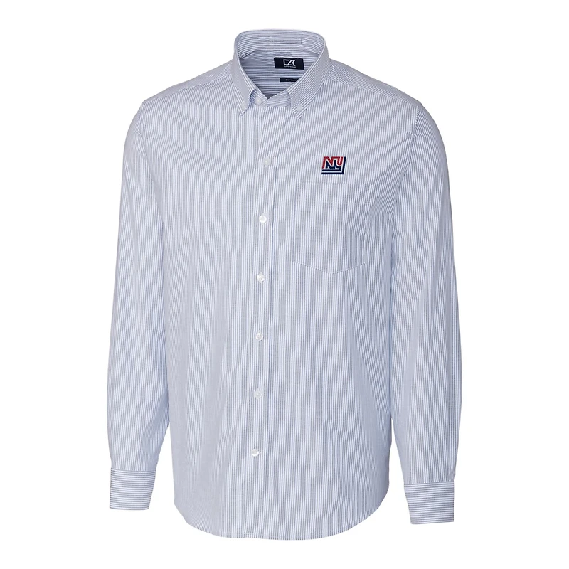 Chemise boutonnée à manches longues et rayures Oxford extensible bleu poudre pour homme, coupe Cutter & Buck, logo rétro des New York Giants, grande taille
