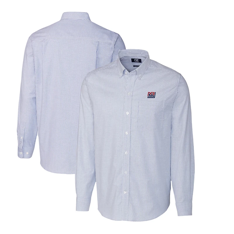 Chemise boutonnée à manches longues et rayures Oxford extensible bleu poudre pour homme, coupe Cutter & Buck, logo rétro des New York Giants, grande taille