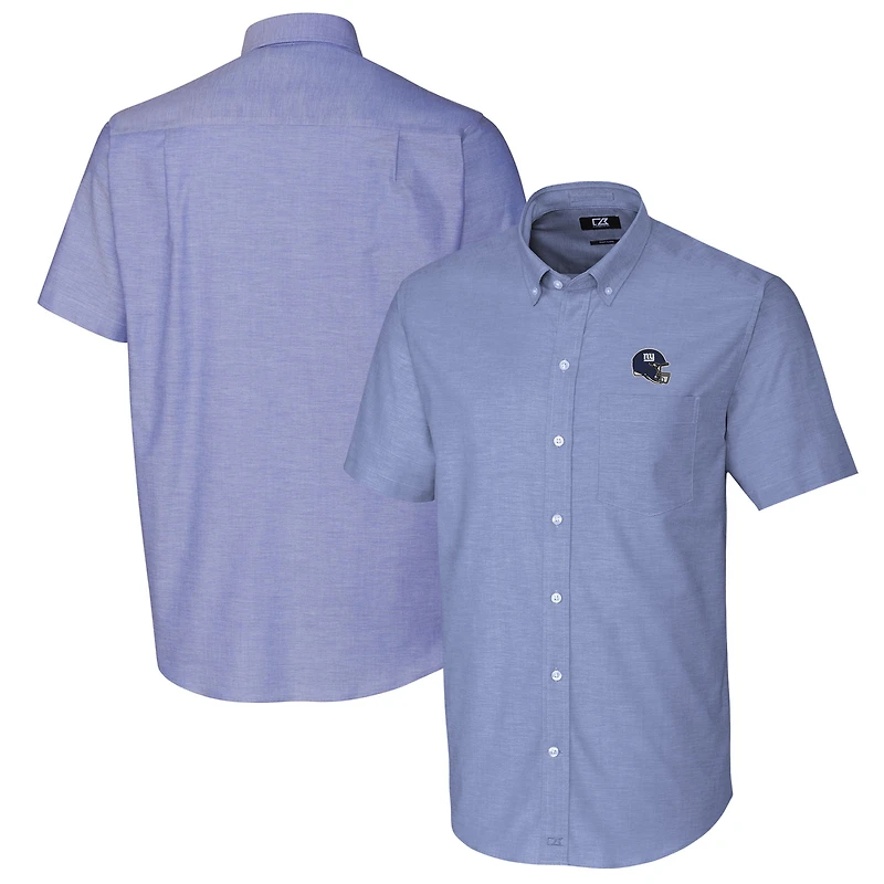 Chemise boutonnée à manches courtes en tissu Oxford extensible pour homme, modèle Cutter & Buck Royal, motif casque des New York Giants