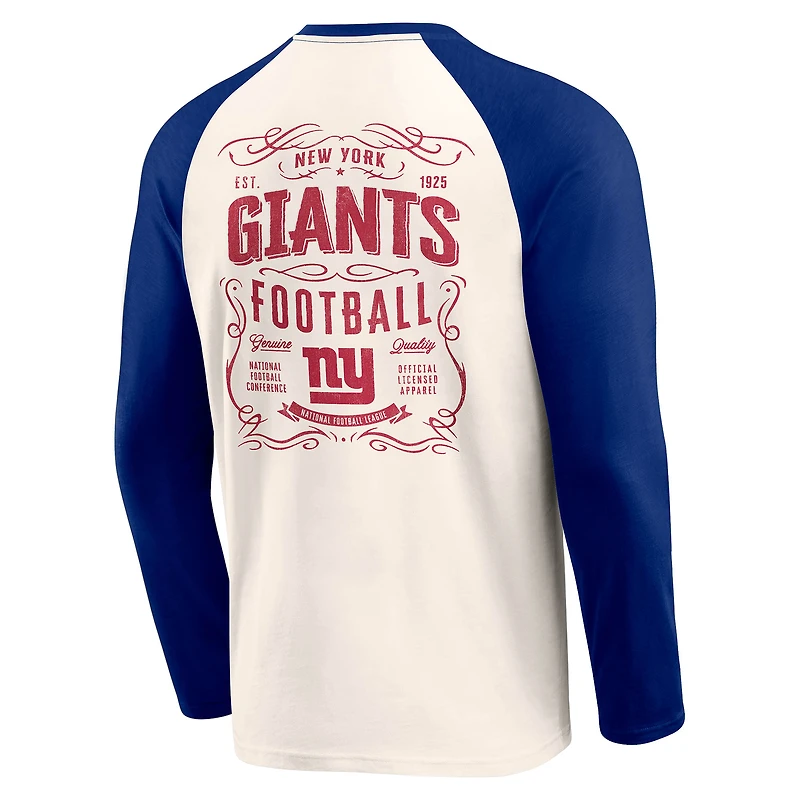 T-shirt Henley Raglan pour homme de la collection Darius Rucker par Fanatics, crème/bleu roi, des New York Giants