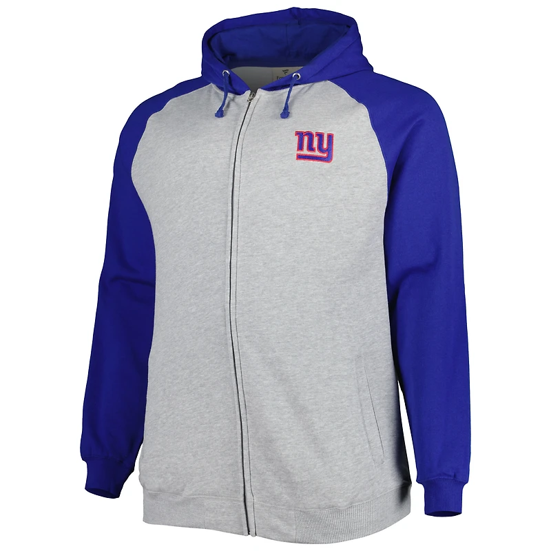 Veste à capuche raglan entièrement zippée en polaire New York Giants Big & Tall gris chiné pour homme