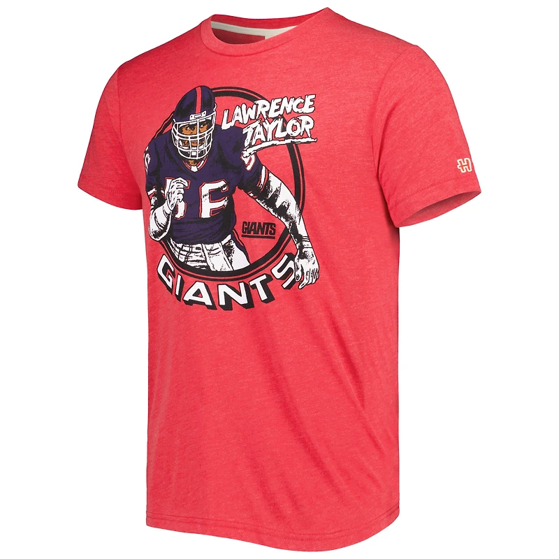 Hommage pour hommes Lawrence Taylor Heathered Red New York Giants Caricature Joueur retraité T-shirt triple mélange