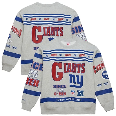 Sweat-shirt à col rond en polaire vintage Mitchell & Ness gris chiné pour homme, imprimé intégral des New York Giants.