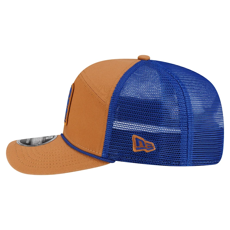 Men's New Era Brown/Royal New York Giants Team Patch Split Panel 9SEVENTY Adjustable Trucker Hat