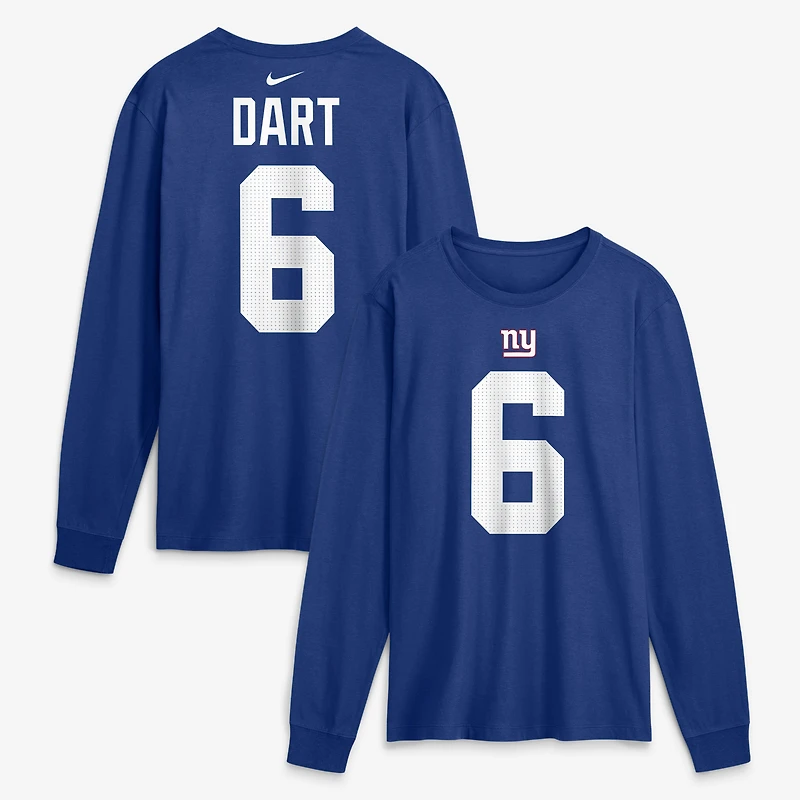 T-shirt à manches longues Nike Jaxson Dart Royal New York Giants pour homme, avec nom et numéro