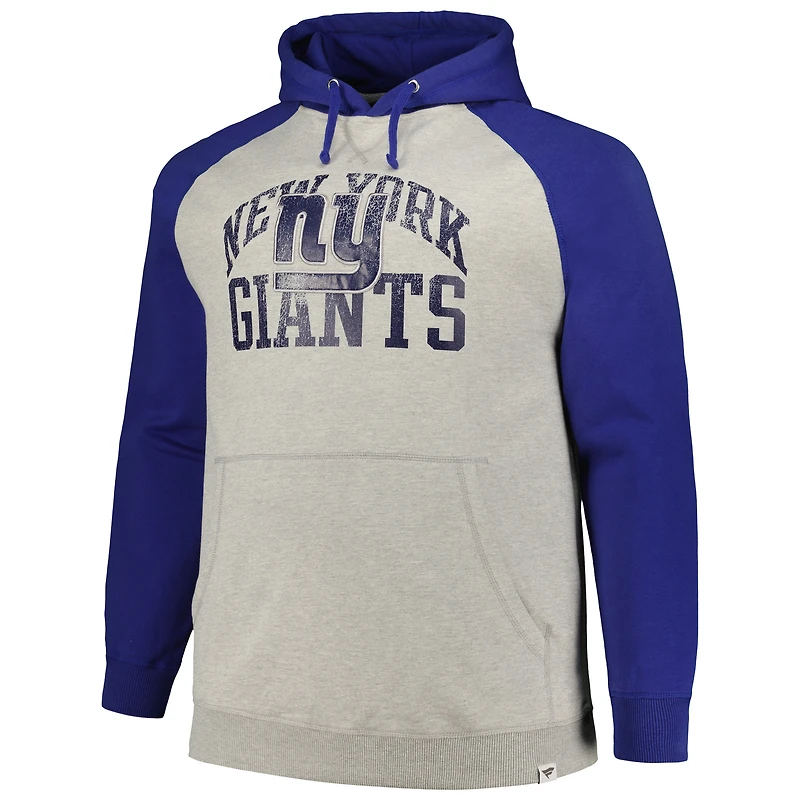 Profil pour hommes Heather Grey/Royal New York Giants Big & Tall Favorite Arch Throwback Raglan Pull à capuche