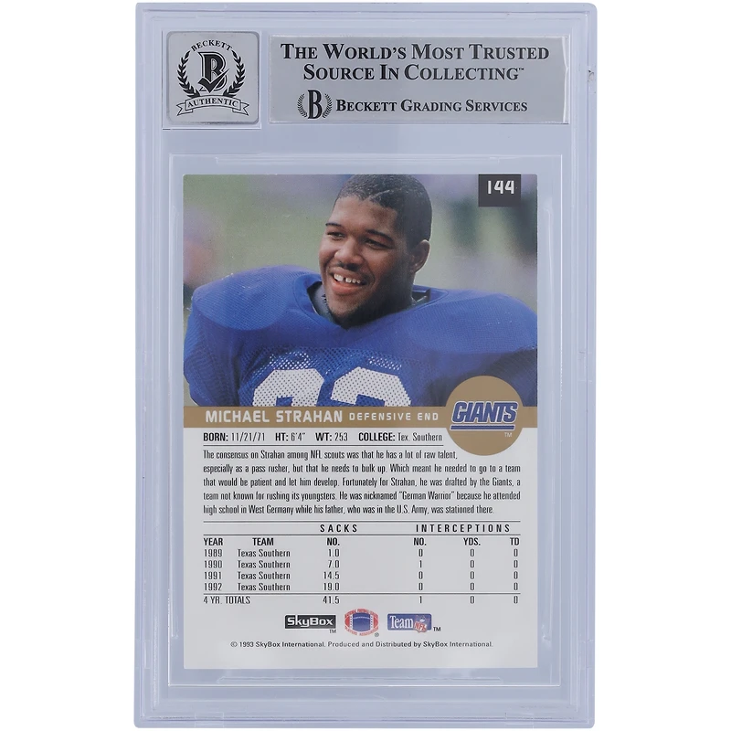 Carte de recrue authentifiée numéro 10 de 1993 signée Michael Strahan par les New York Giants et autographiée par les fanatiques de Beckett