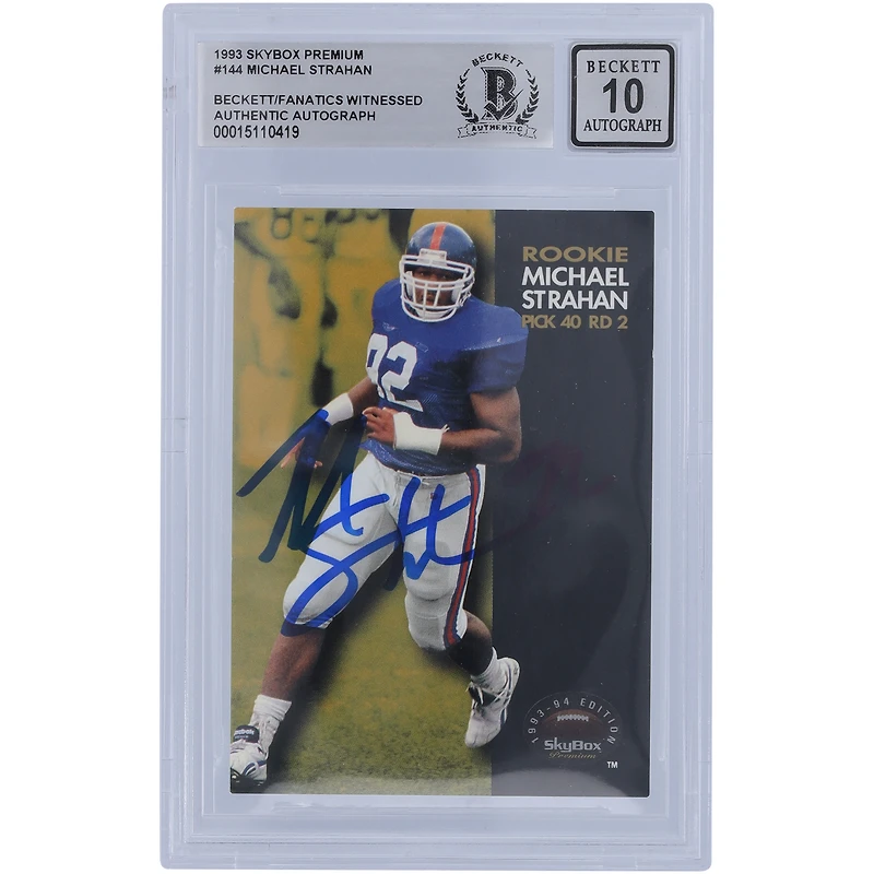 Carte de recrue authentifiée numéro 10 de 1993 signée Michael Strahan par les New York Giants et autographiée par les fanatiques de Beckett