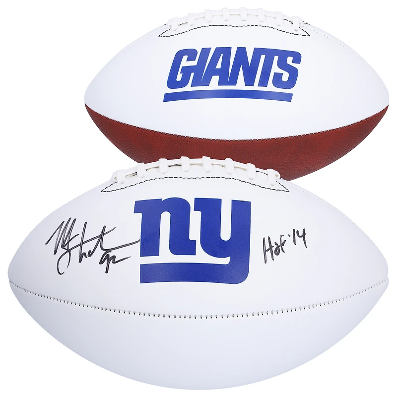 Ballon de football Franklin White Panel autographié par Michael Strahan des New York Giants avec l'inscription « HOF 14 »