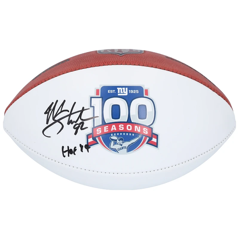 Ballon de football Wilson à panneau blanc autographié par Michael Strahan, des Giants de New York, pour le 100e anniversaire de sa saison, avec inscription « HOF 14 ».