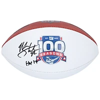 Ballon de football Wilson à panneau blanc autographié par Michael Strahan, des Giants de New York, pour le 100e anniversaire de sa saison, avec inscription « HOF 14 ».