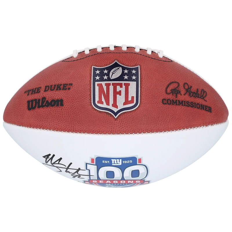 Ballon de football Wilson à panneau blanc autographié par Michael Strahan, des Giants de New York, pour le 100e anniversaire de sa saison, avec inscription « HOF 14 ».