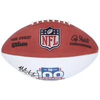 Ballon de football Wilson à panneau blanc autographié par Michael Strahan, des Giants de New York, pour le 100e anniversaire de sa saison, avec inscription « HOF 14 ».
