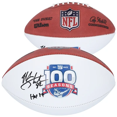 Ballon de football Wilson à panneau blanc autographié par Michael Strahan, des Giants de New York, pour le 100e anniversaire de sa saison, avec inscription « HOF 14 ».