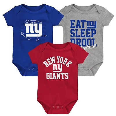 Lot de trois bodys rétro Eat, Sleep & Drool des New York Giants pour nouveau-nés et nourrissons Royal/Rouge/Gris chiné