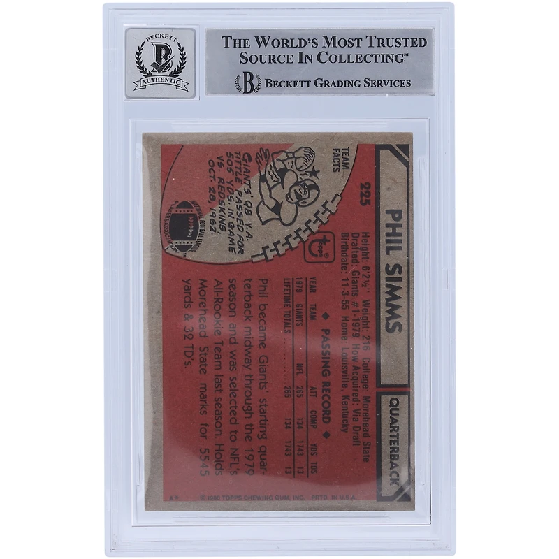 Phil Simms New York Giants Autographed 1980 Topps #225 Beckett Fanatics Witnessed Authenticated 10 Rookie Card with "S.B. XXI M.V.P." Inscription