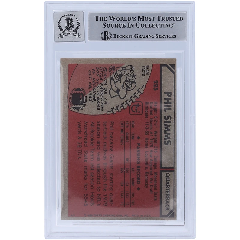 Carte de recrue autographiée de Phil Simms (New York Giants) de 1980, Topps n° 225, authentifiée par Beckett Fanatics Witnessed.