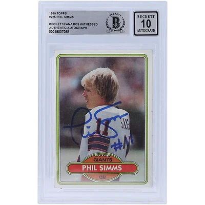 Carte de recrue autographiée de Phil Simms (New York Giants) de 1980, Topps n° 225, authentifiée par Beckett Fanatics Witnessed.