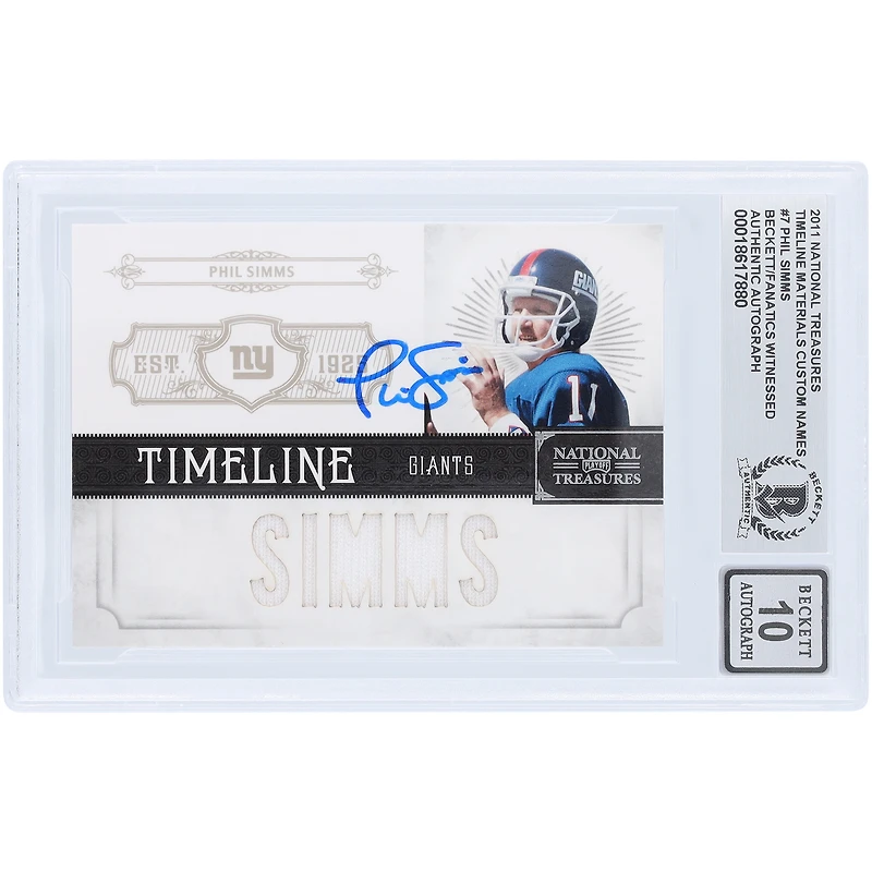 Phil Simms New York Giants Autographed 2011 Panini National Treasures Timeline Materials Custom Names Jersey Relic #7 #/99 Beckett Fanatics Witnessed Authenticated 10 Card