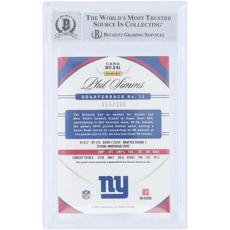 Phil Simms New York Giants Autographed 2012 Panini Certified Mirror Red Materials Jersey Relic #241 #/199 Beckett Fanatics Witnessed Authenticated 10 Card