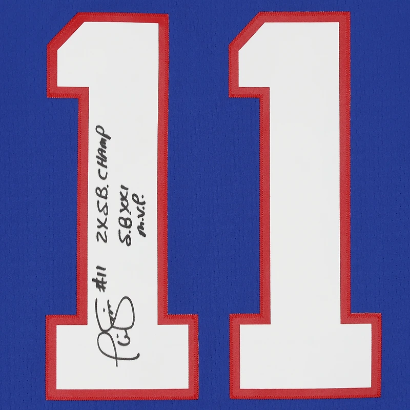 Maillot réplique autographié par Phil Simms des New York Giants avec Mitchell & Ness Royal et inscriptions « 2X S.B. CHAMP S.B. XXI M.V.P. »