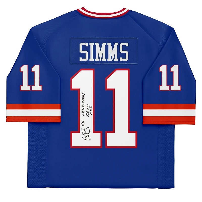 Maillot réplique autographié par Phil Simms des New York Giants avec Mitchell & Ness Royal et inscriptions « 2X S.B. CHAMP S.B. XXI M.V.P. »