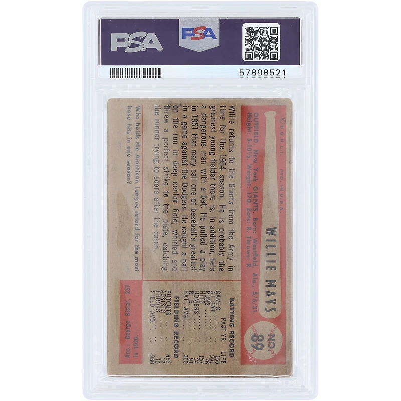 Willie Mays New York Giants 1954 Bowman #89 PSA Authentifié 2 Cartes