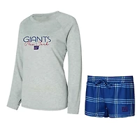 Ensemble haut à manches longues et short raglan pour femme Concepts Sport Royal/Gris des New York Giants
