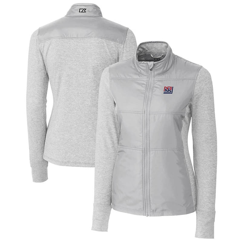 Veste coupe-vent matelassée hybride zippée intégrale Cutter & Buck grise pour femme, ornée du logo rétro des Giants de New York.