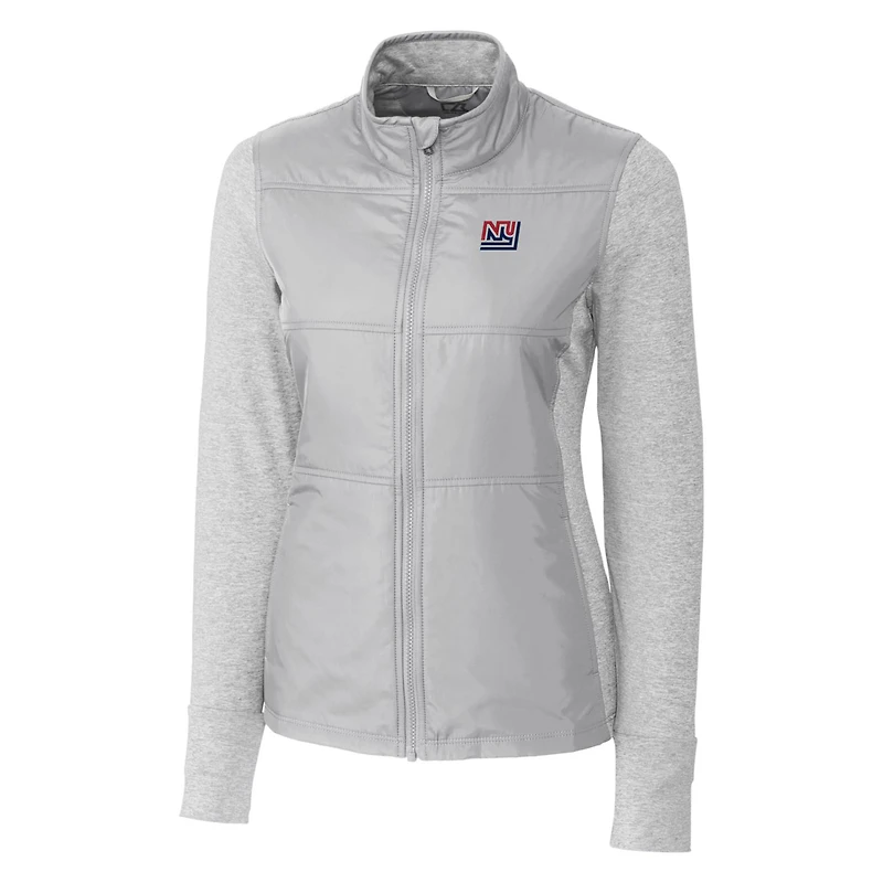 Veste coupe-vent matelassée hybride zippée intégrale Cutter & Buck grise pour femme, ornée du logo rétro des Giants de New York.
