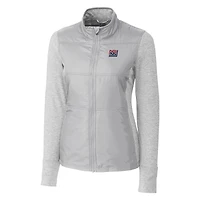 Veste coupe-vent matelassée hybride zippée intégrale Cutter & Buck grise pour femme, ornée du logo rétro des Giants de New York.