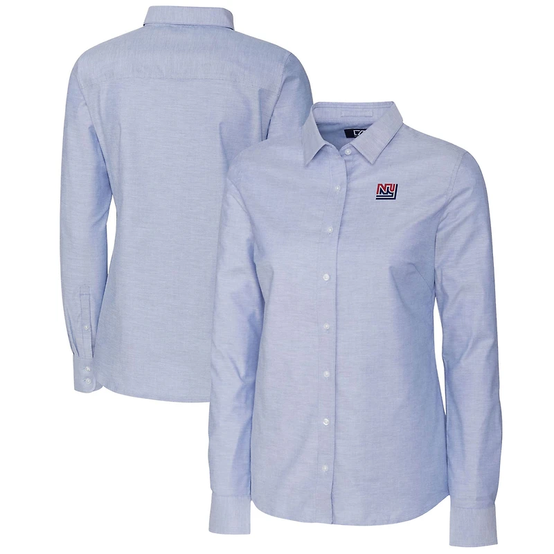 Chemise à manches longues boutonnée Cutter & Buck pour femme, bleu poudré, logo rétro des Giants de New York.