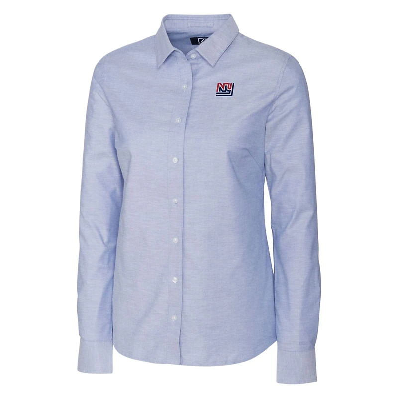 Chemise à manches longues boutonnée Cutter & Buck pour femme, bleu poudré, logo rétro des Giants de New York.