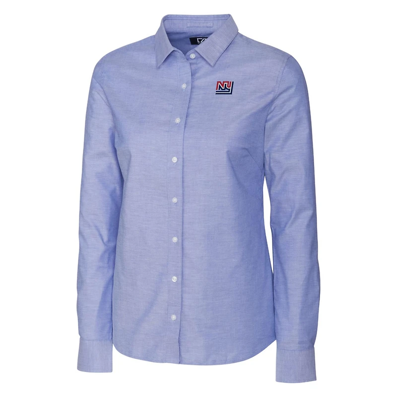 Chemise boutonnée à manches longues en tissu Oxford extensible bleu poudre Cutter & Buck pour femme, avec logo rétro des New York Giants