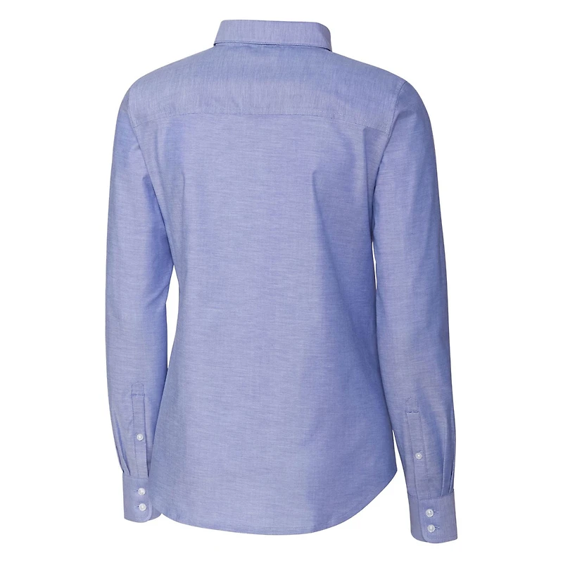Chemise boutonnée à manches longues en tissu Oxford extensible bleu poudre Cutter & Buck pour femme, avec logo rétro des New York Giants