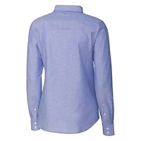 Chemise boutonnée à manches longues en tissu Oxford extensible bleu poudre Cutter & Buck pour femme, avec logo rétro des New York Giants