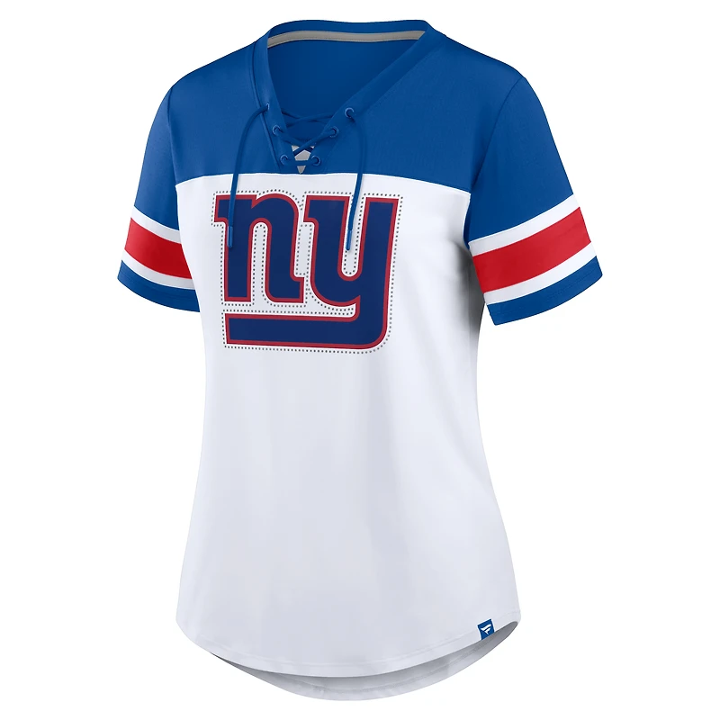 Women's Fanatics White/Royal New York Giants Athena Rhinestone Lace-Up V-Neck T-Shirt