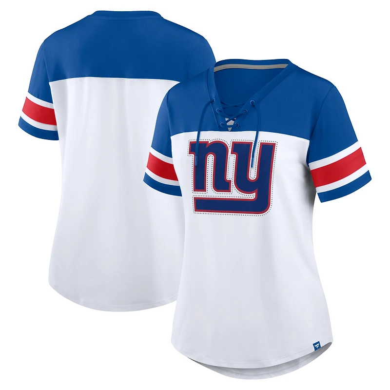 Women's Fanatics White/Royal New York Giants Athena Rhinestone Lace-Up V-Neck T-Shirt