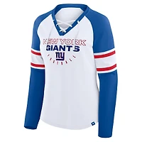 T-shirt à manches longues et col en V lacets raglan pour femme, blanc/bleu royal, New York Giants Redzone Blitz Package