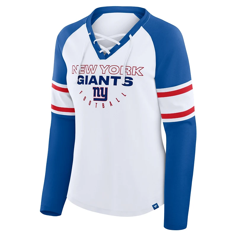 Women's Fanatics White/Royal New York Giants Redzone Blitz Package Raglan Lace-Up V-Neck Long Sleeve T-Shirt