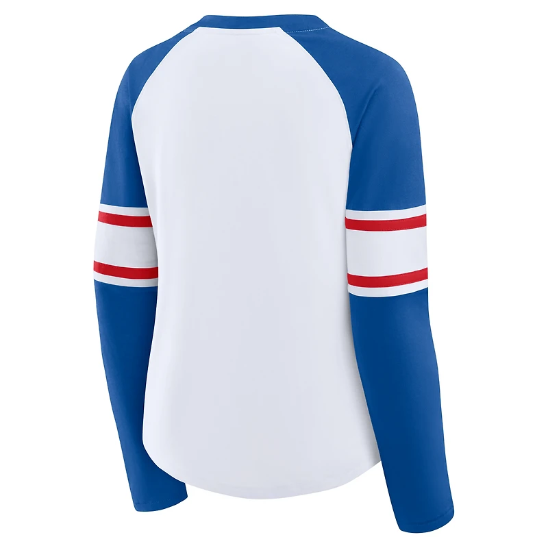 T-shirt à manches longues et col en V lacets raglan pour femme, blanc/bleu royal, New York Giants Redzone Blitz Package