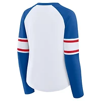 T-shirt à manches longues et col en V lacets raglan pour femme, blanc/bleu royal, New York Giants Redzone Blitz Package