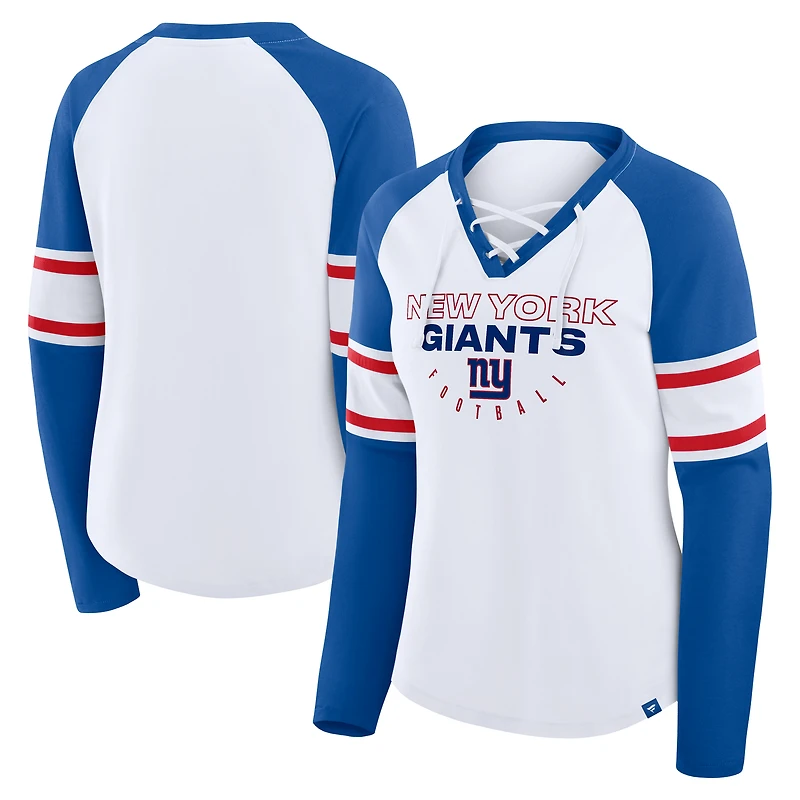 T-shirt à manches longues et col en V lacets raglan pour femme, blanc/bleu royal, New York Giants Redzone Blitz Package