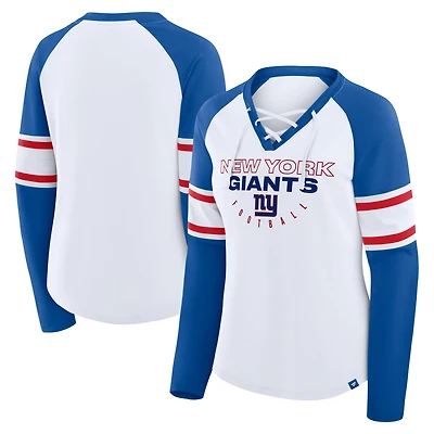 T-shirt à manches longues et col en V lacets raglan pour femme, blanc/bleu royal, New York Giants Redzone Blitz Package